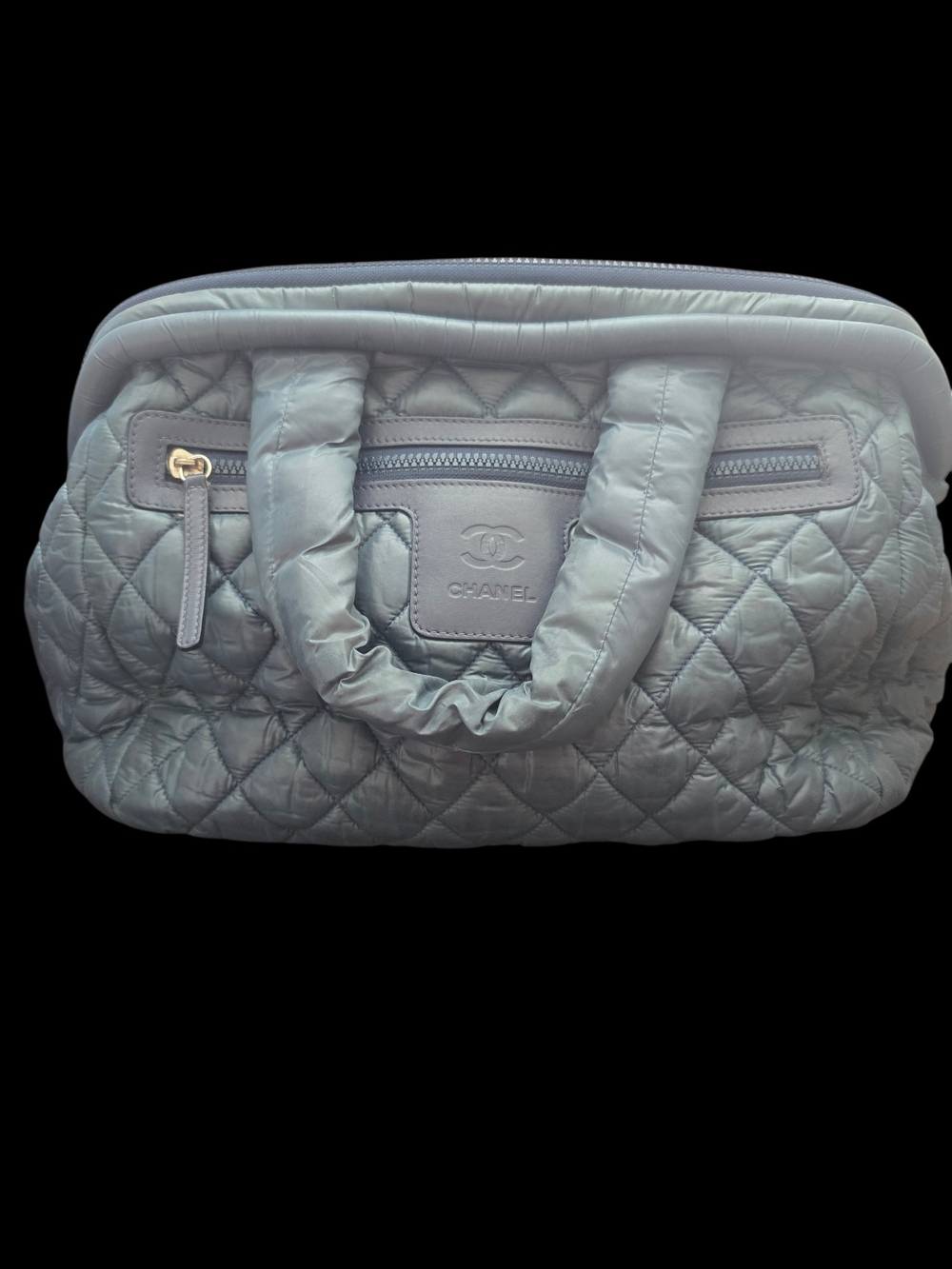 CHANEL Quilted Nylon Tote in Light Gray-Blue